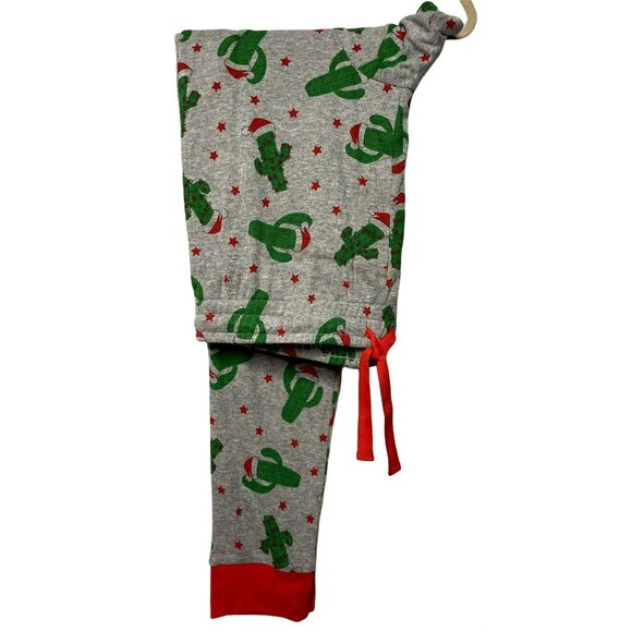 Womens Christmas Pajama Bottoms Gray Sz M Drawstring Waist Cactus Santa Hat NEW - Picture 3 of 4